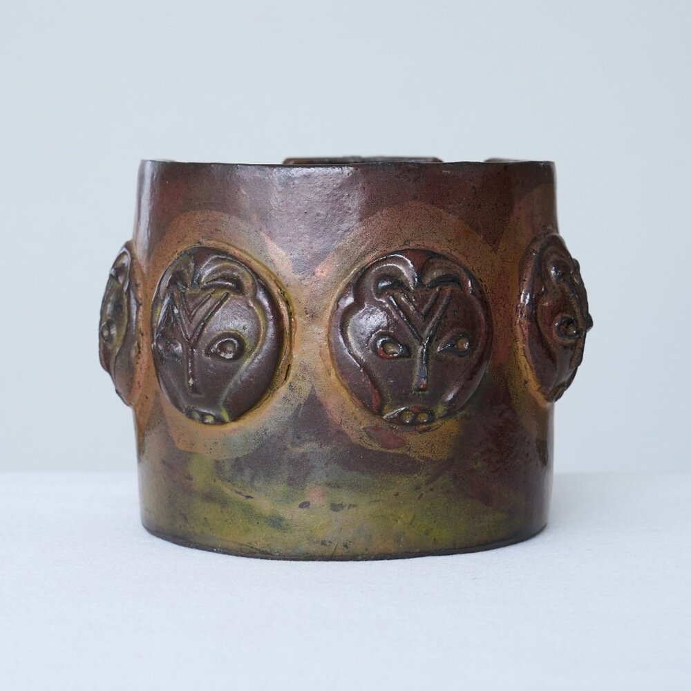 Vintage Raku Pottery Planter Round Hand Sculpted Faces Tribal Pot Iridescent